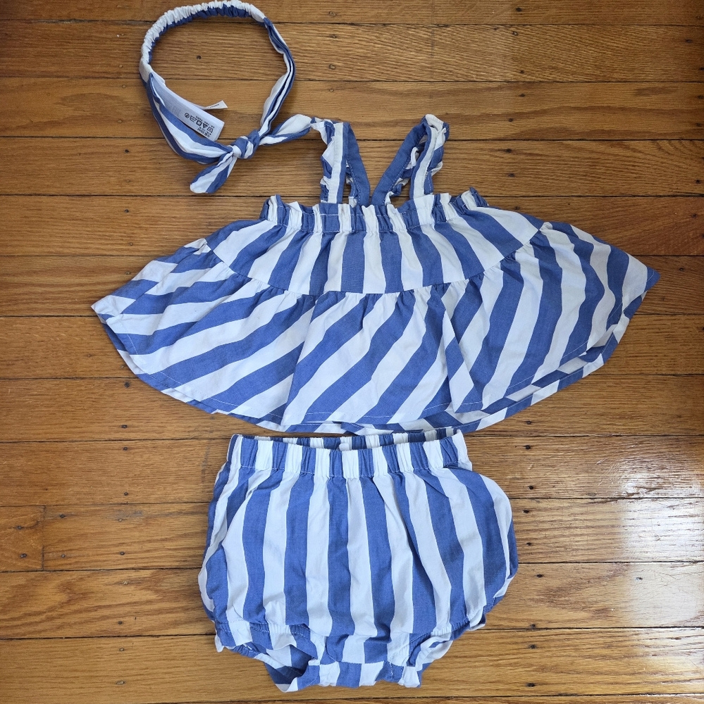 Blue & White Striped 3-piece Outfit w/ Bloomers & Headband 3-6 Months Baby Girl